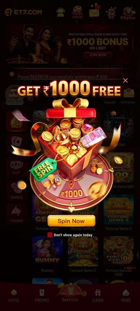 Get Rs.1000 Free on Wheelspin, Download ET7 Game & Claim it.
