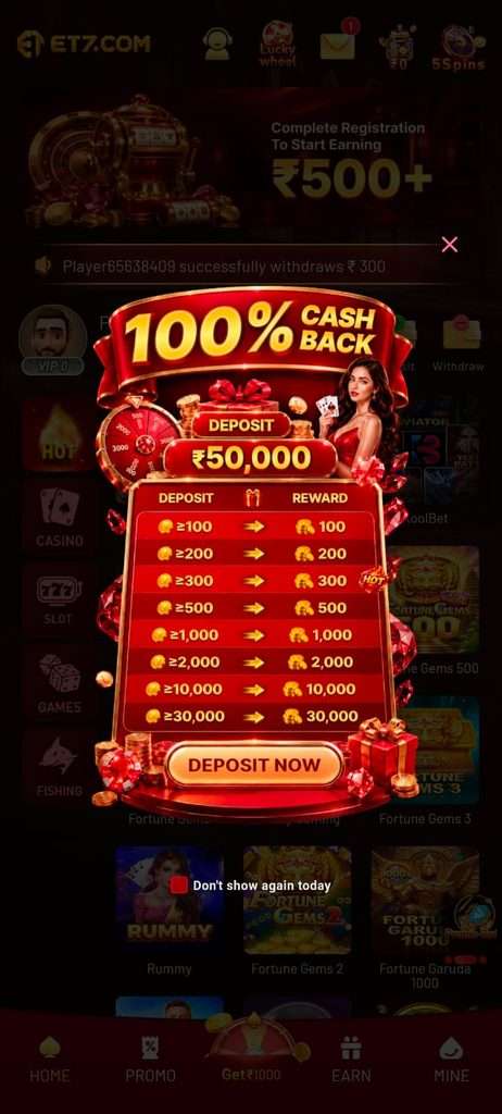 100% Cashback on fist deposit, install ET7 APK & Get Offer Today.
